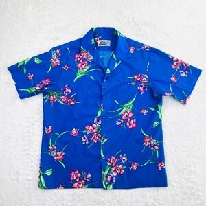 Vintage Hilo Hatties Hawaiian Shirt Men's XL Blue Floral Button Short Sleeve USA